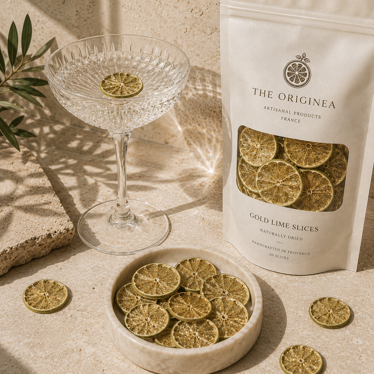 Tranches de citron vert gold lime séchées autour d'une coupe cocktail travertin | The Originea