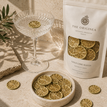 Tranches de citron vert gold lime séchées autour d'une coupe cocktail travertin | The Originea