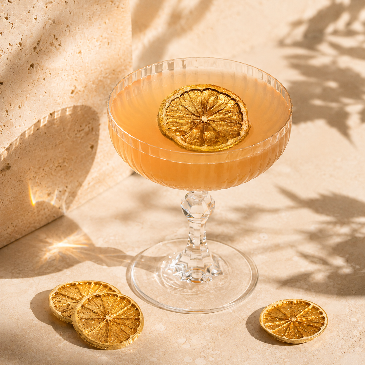 Coupe cocktail avec tranches de citron vert dorées gold lime et jus rose | The Originea