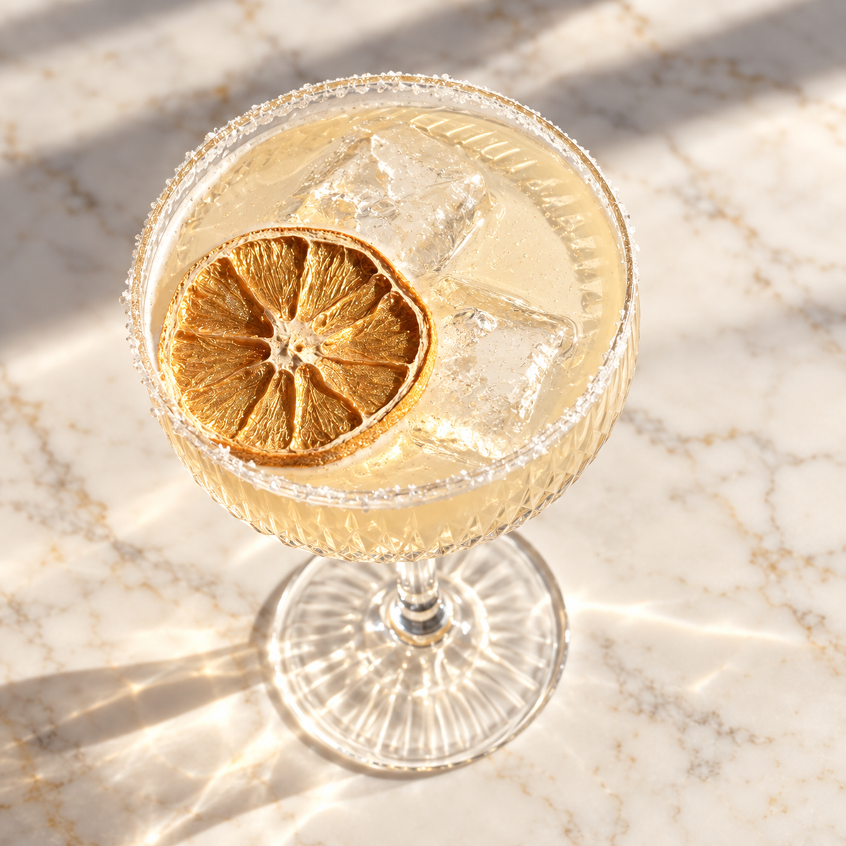 Vue du dessus coupe cocktail tranche citron vert dorée gold lime marbre | The Originea
