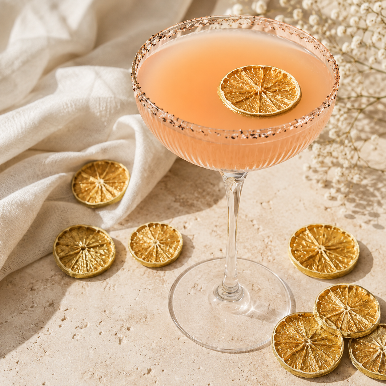 Vue du dessus de verres en cristal avec tranches de citron vert dorées gold lime | The Originea