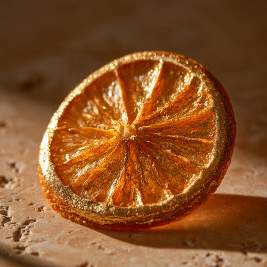Tranche d'orange séchée entièrement dorée aux paillettes d'or, gros plan sur travertin | The Originea