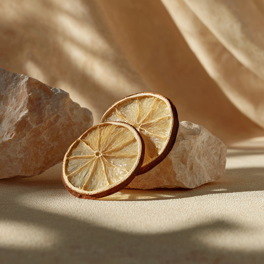 Deux tranches de citrons deshydratees appuyees sur un fragment de pierre beige avec voile de lin en arriere-plan et ombres naturelles