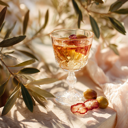 Verre en cristal taille avec cocktail rose garni de fraises deshydratees sur socle en pierre, avec olives vertes, branche d'olivier et tissu rose en lumiere provencale
