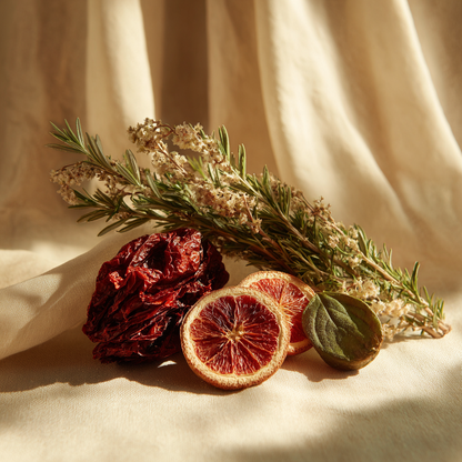 Composition artisanale sur lin beige avec tranches d'oranges sanguines deshydratees, orange sanguine sechee entiere, feuille de sauge et branches de romarin fleuri