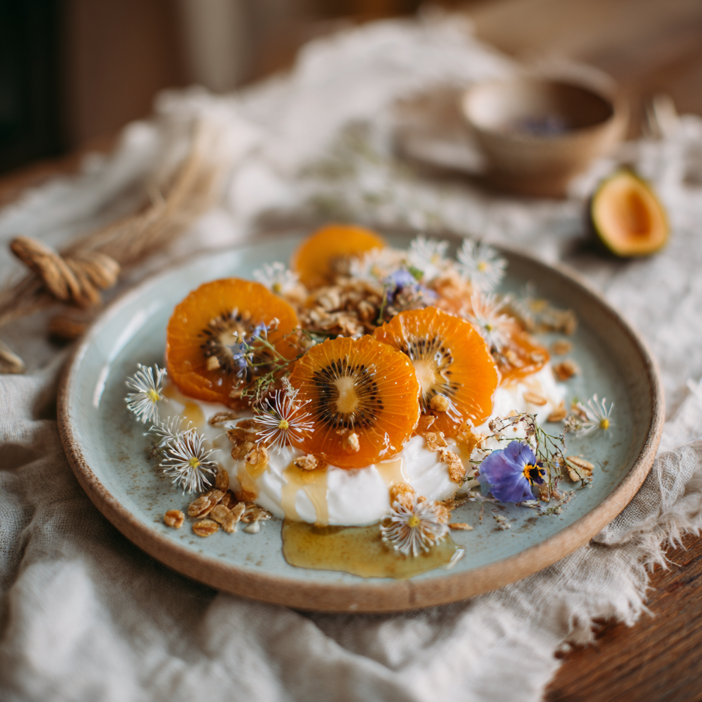 Burrata artisanale garnie de tranches de kiwis et abricots deshydrates, granola et fleurs comestibles blanches et bleues sur assiette en ceramique verte