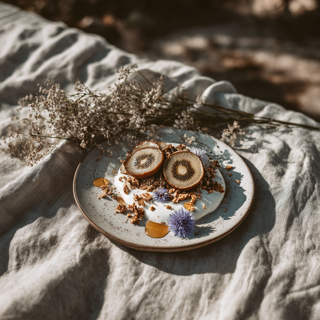 Bol de yaourt avec deux tranches de kiwis deshydrates, granola, miel et fleur de bourrache sur assiette en ceramique, entoure de fleurs sechees sur lin