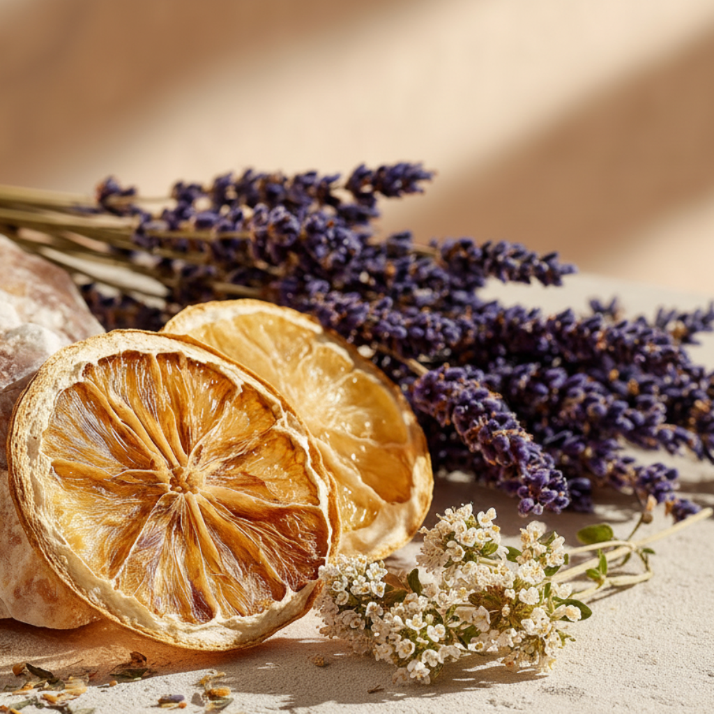 Gros plan de tranches de citrons deshydratees avec bouquet de lavande sechee et fleurs blanches sur fond sable en lumiere naturelle