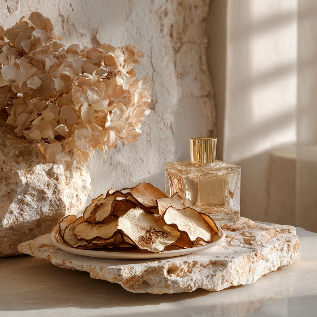 Chips de pommes séchées sur plateau en pierre naturelle, hortensias séchés et flacon de parfum doré, ambiance luxe artisanal — The Originea