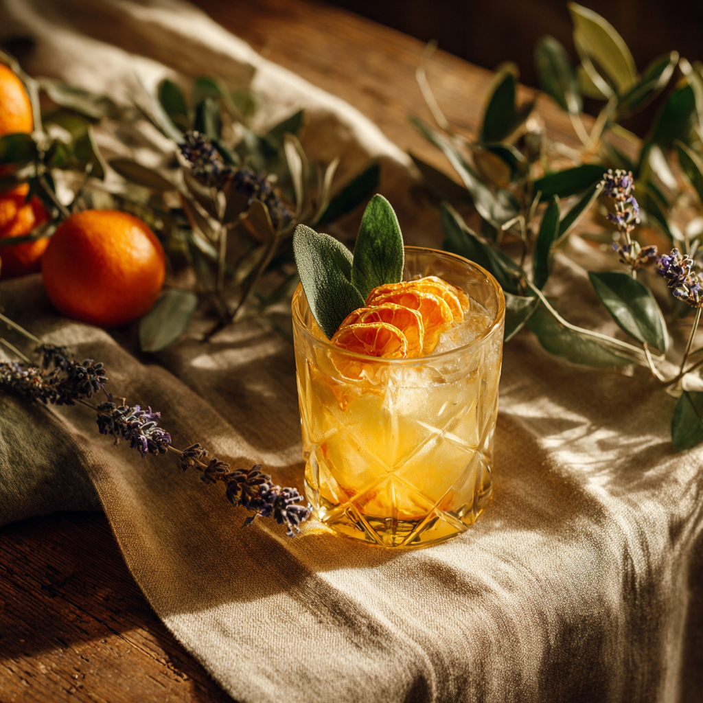 Verre en cristal taille avec cocktail ambre garni de tranches de clementines corses deshydratees et feuilles de sauge, entoure d'oranges fraiches, lavande et branche d'olivier sur bois rustique