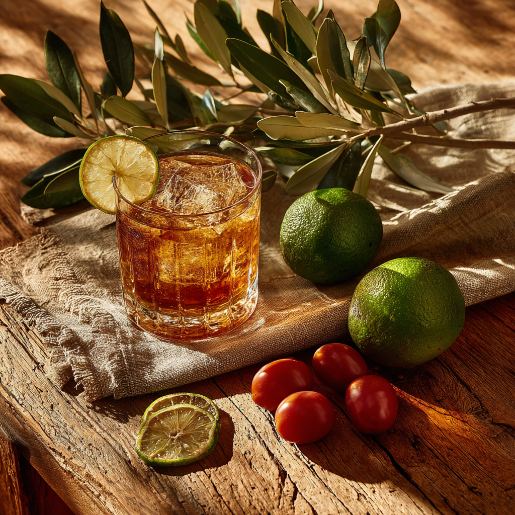 Verre a cocktail ambre avec tranche de citron vert deshydratee sur planche de bois rustique, entoure de citrons verts frais, tomates cerises et branche d'olivier
