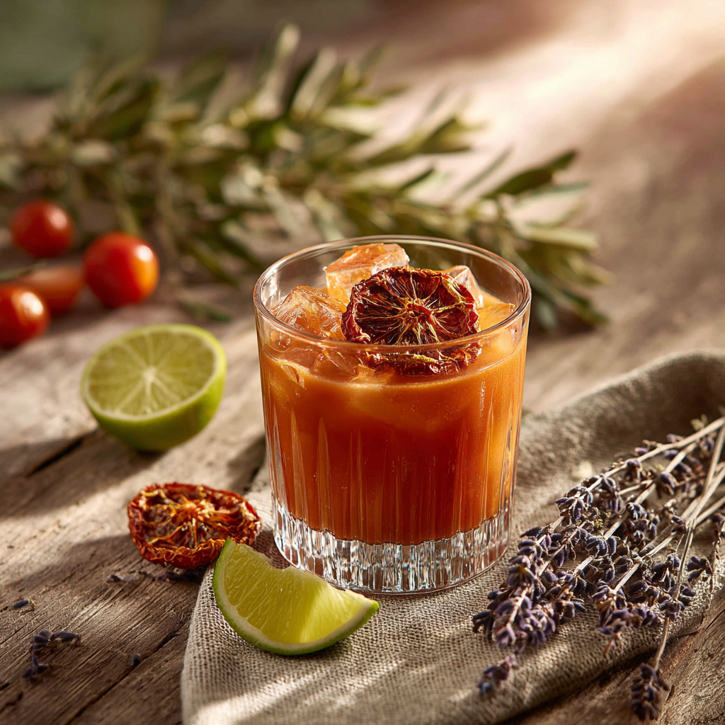 Verre en cristal taille avec cocktail tomate garni d'une tranche de tomate deshydratee, citron vert frais et lavande sechee sur bois rustique