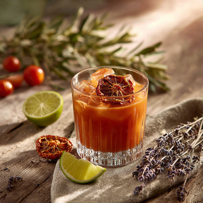 Verre en cristal taille avec cocktail tomate garni d'une tranche de tomate deshydratee, citron vert frais et lavande sechee sur bois rustique