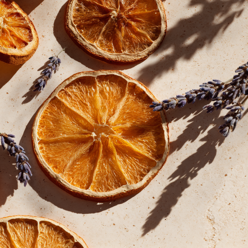 ranches d'oranges deshydratees avec brins de lavande sechee sur fond pierre beige en lumiere solaire rasante
