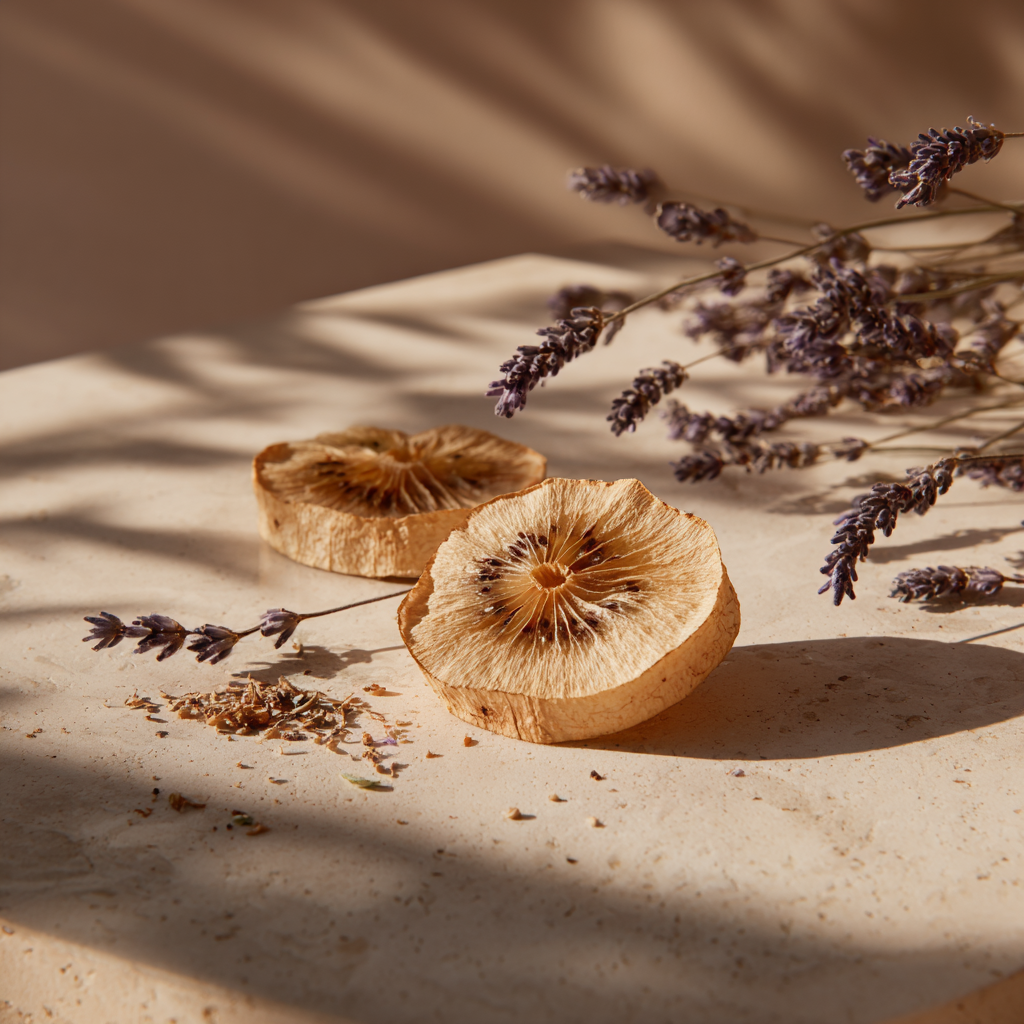 Deux tranches de kiwis deshydrates sur marbre beige avec bouquet de lavande sechee et ombres naturelles en lumiere chaude