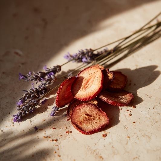 Tranches de fraises deshydratees avec tiges de lavande sechee sur fond pierre beige en lumiere naturelle rasante