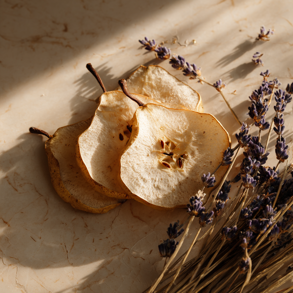 Rondelles de poires déshydratées sur marbre beige avec brins de lavande séchée, lumière naturelle dorée — The Originea