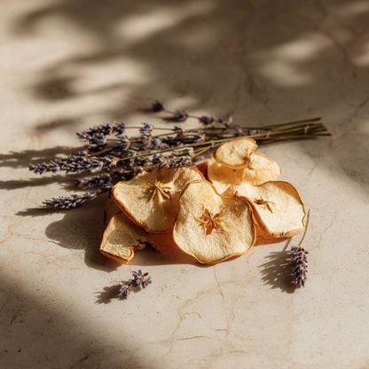 Chips de pommes séchées artisanales disposées sur marbre beige avec bouquet de lavande séchée, ombres naturelles — The Originea