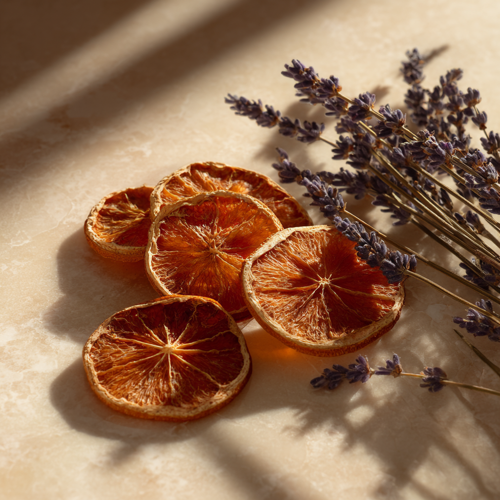 Quatre tranches de clementines corses deshydratees avec bouquet de lavande sechee sur marbre beige en lumiere naturelle doree