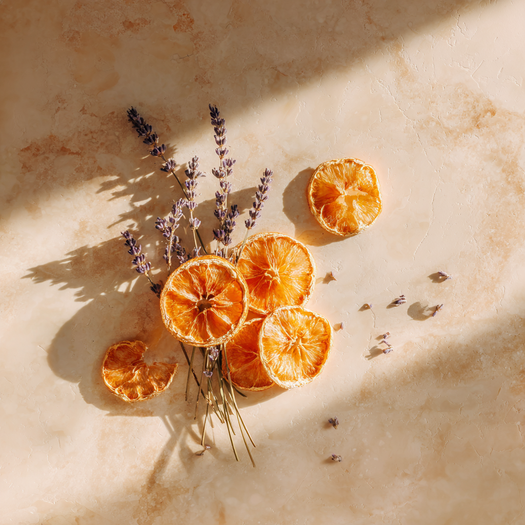 Vue du dessus de tranches de clementines corses deshydratees et tiges de lavande sechee sur marbre beige rose avec ombres naturelles
