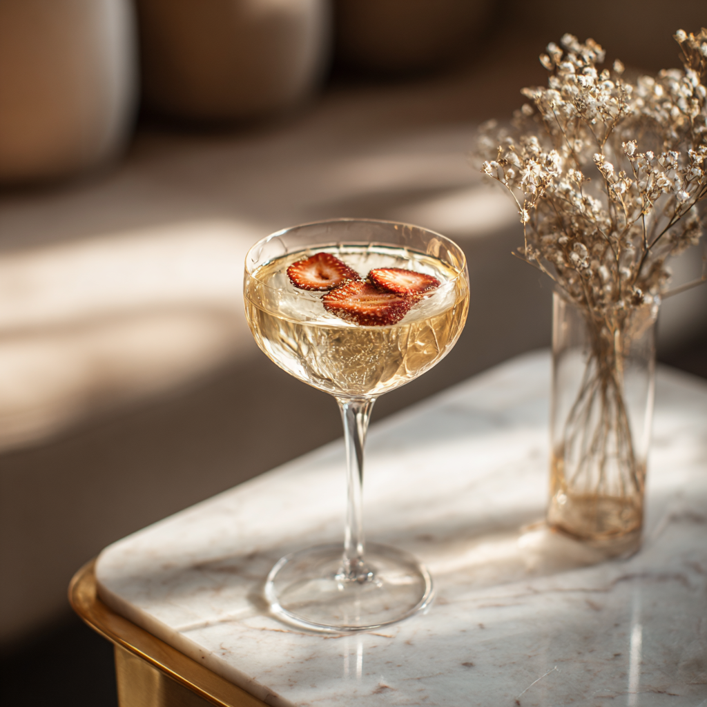 Verre coupe avec champagne petillant garni de tranches de fraises deshydratees sur table en marbre dore, avec vase de gypsophile sechee