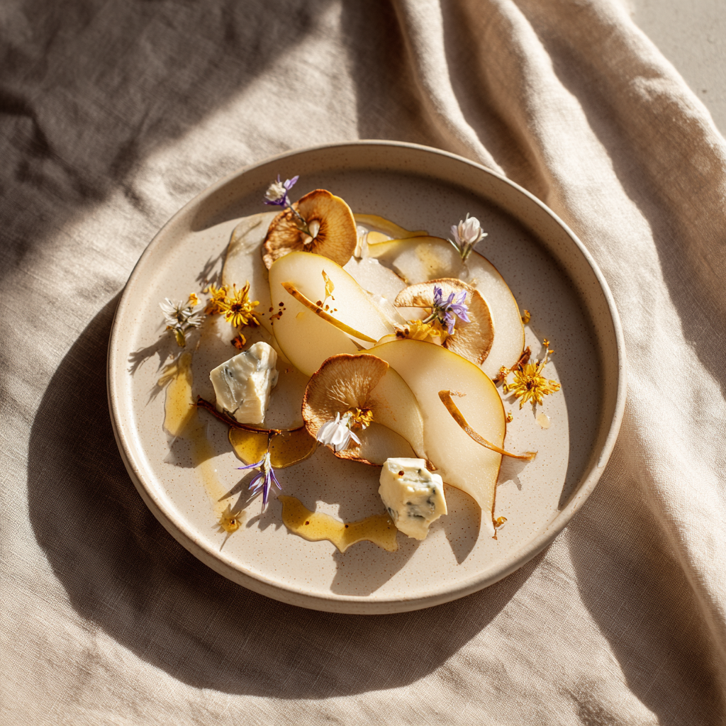Assiette gastronomique avec tranches de poire fraîche, chips de poires séchées, fromage bleu et fleurs comestibles — The Originea