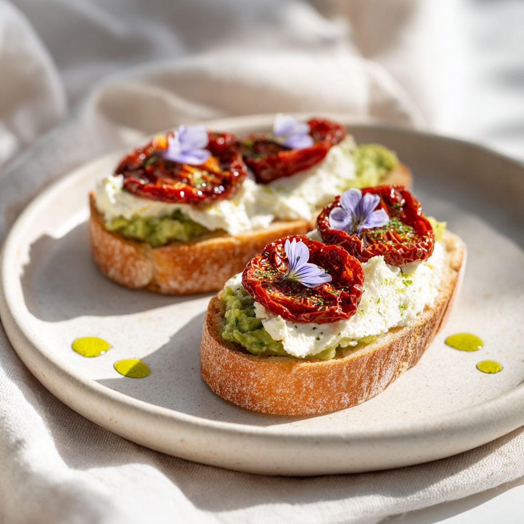 Deux tartines artisanales avec ricotta, avocat ecrase, tomates deshydratees et fleurs de bourrache bleues sur assiette en ceramique blanche