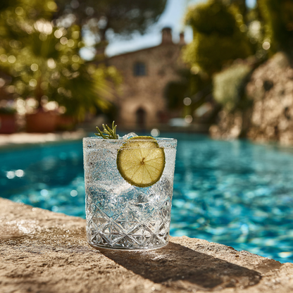 Verre en cristal taille avec cocktail petillant et tranche de citron vert deshydratee au bord d'une piscine en Provence
