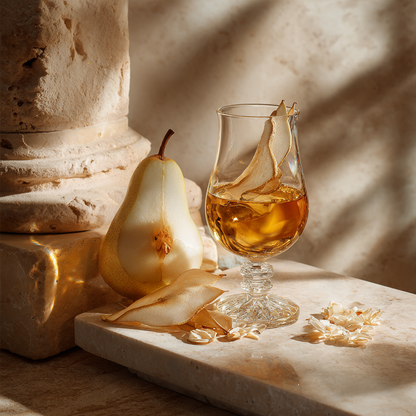 Poire fraîche coupée et chips de poires séchées dans un verre à dégustation en cristal, ambiance pierre naturelle — The Originea