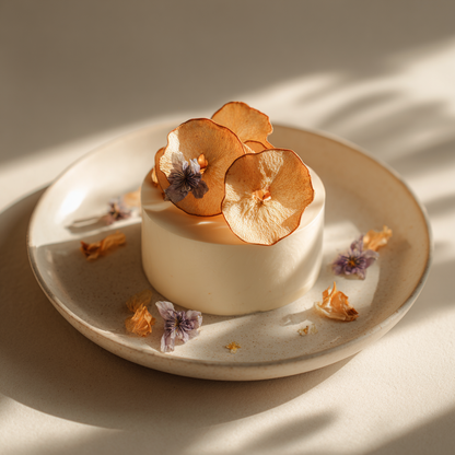 Entremets gastronomique glacé garni de chips de pommes déshydratées et fleurs comestibles sur assiette en grès — The Originea