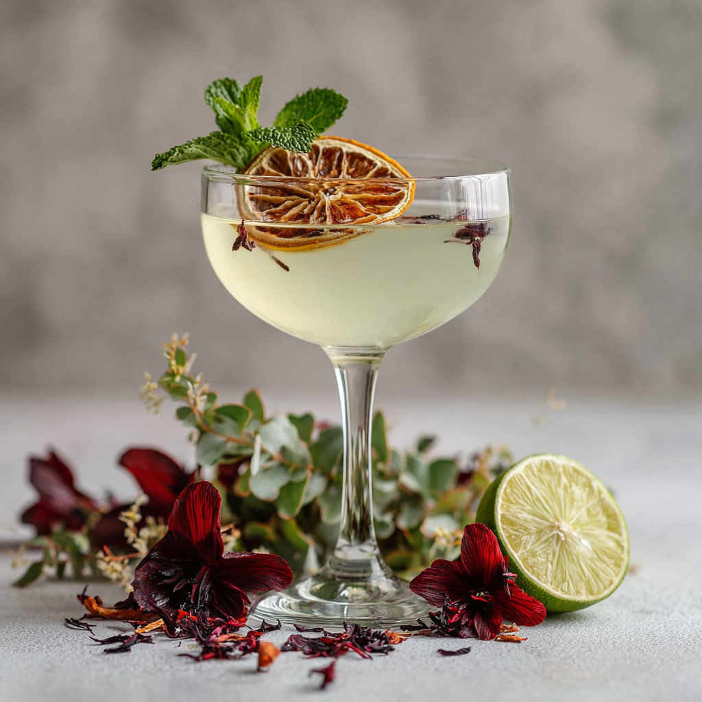 Verre coupe avec cocktail citron garni d'une tranche de citron vert deshydratee et feuilles de menthe, entoure de fleurs d'hibiscus sechees et citron vert frais