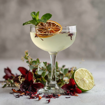 Verre coupe avec cocktail citron garni d'une tranche de citron vert deshydratee et feuilles de menthe, entoure de fleurs d'hibiscus sechees et citron vert frais