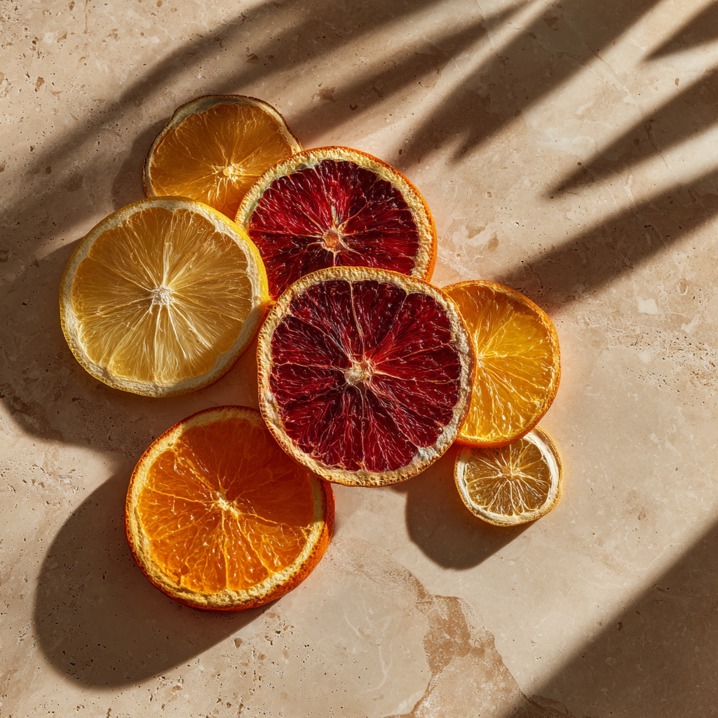 Assortiment de tranches d'agrumes deshydratees : orange, orange sanguine et citron sur marbre beige avec ombres naturelles