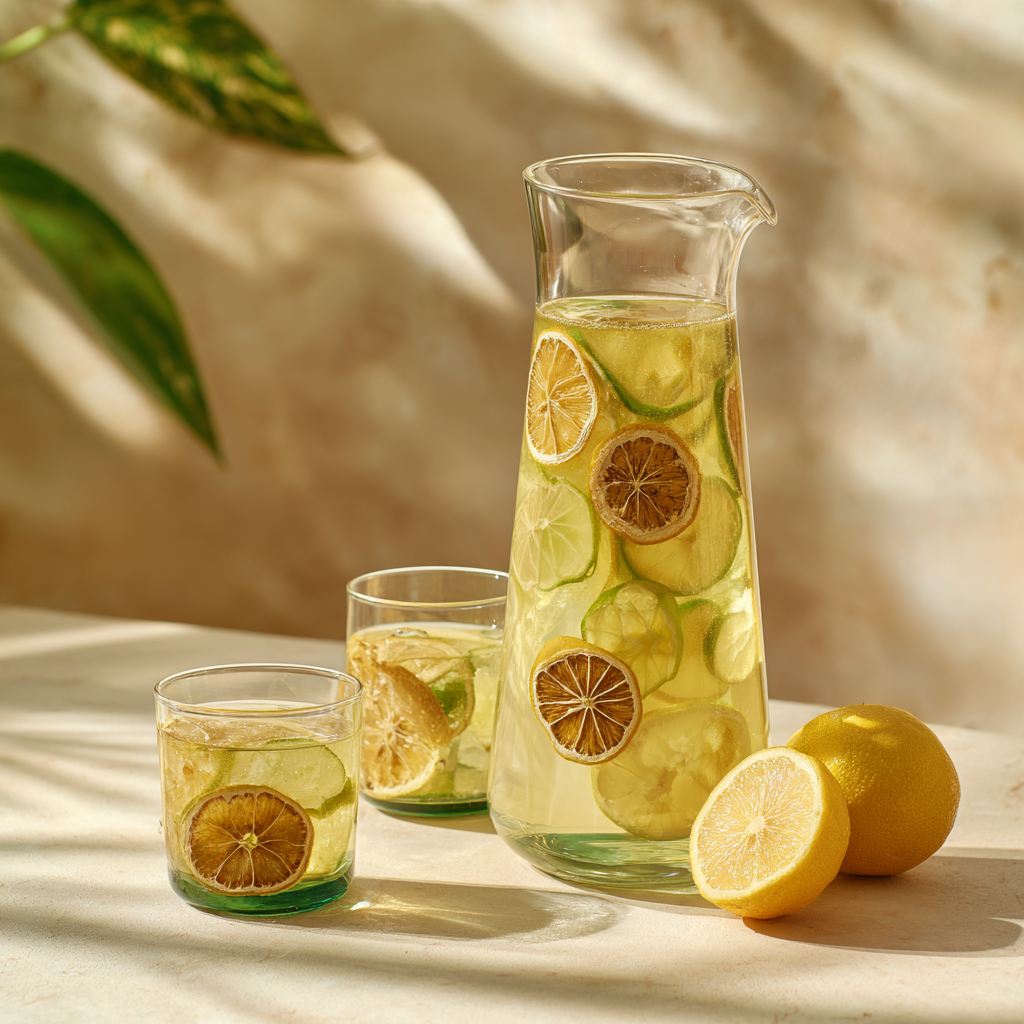 Carafe et verres d'eau infusee avec tranches de citrons et citrons verts deshydratees, accompagnes de citrons frais sur fond beige en lumiere estivale