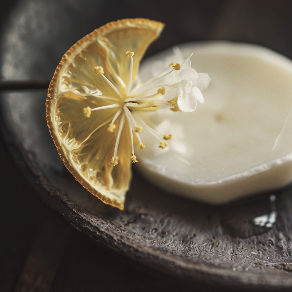 Tranche de citron deshydratee avec fleur blanche delicate sur assiette en pierre noire, composition artisanale elegante en clair-obscur